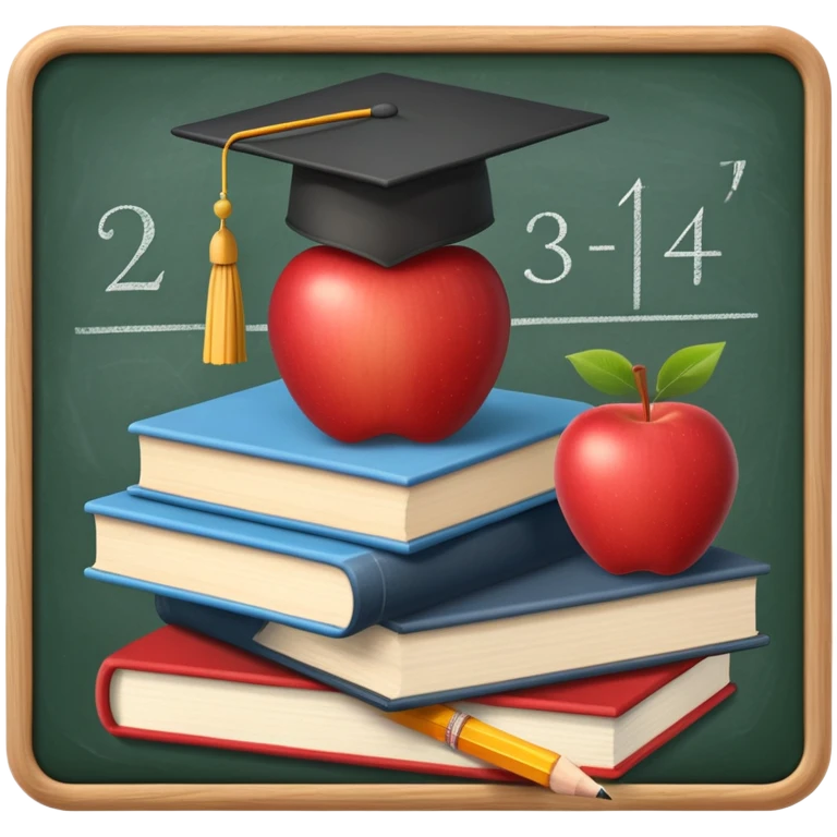 An icon featuring a chalkboard with educational equations, an apple, and a pencil, symbolizing pedagogy. The design includes a stack of books and a graduation cap, representing teaching and learning. Transparent background highlights the dedication to education and mentorship. emoji