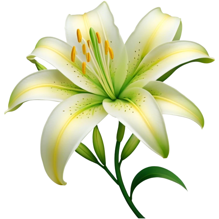 Cinematic Realistic Lily Emoji, Elegant and fragrant, with soft, white petals curling delicately around a golden-yellow stamen at its center. The long, slender green stem stands tall, supporting the vibrant bloom with its slightly curled tips. Soft glowing outline, capturing the essence of purity, elegance, and grace in a striking lily. emoji