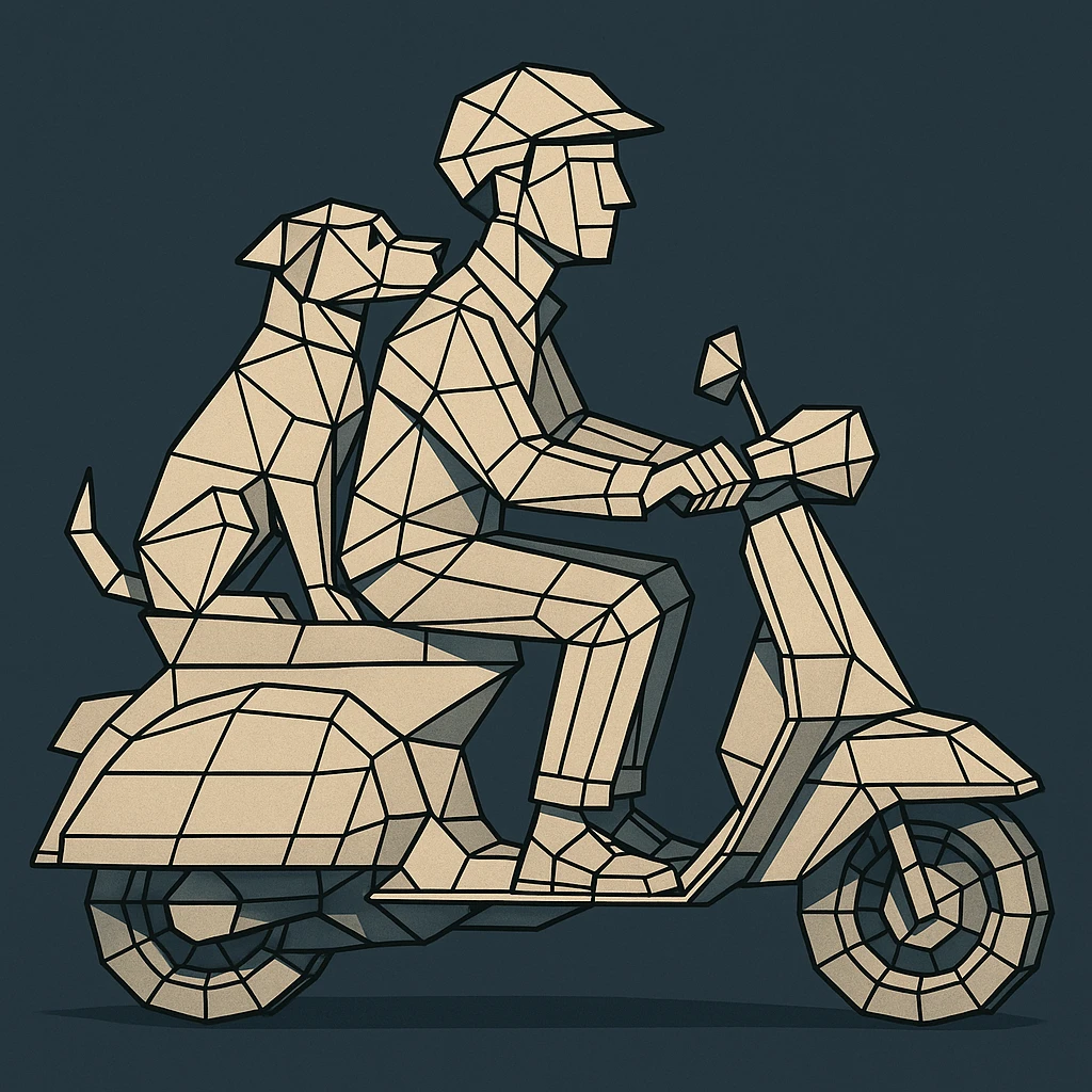 man and his pet dog riding a vespa emoji