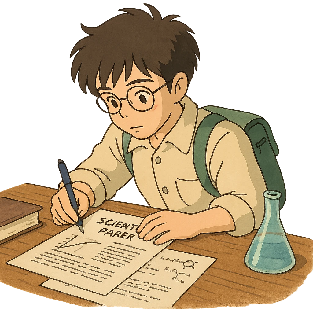 ghibli style student writing a scientific paper emoji