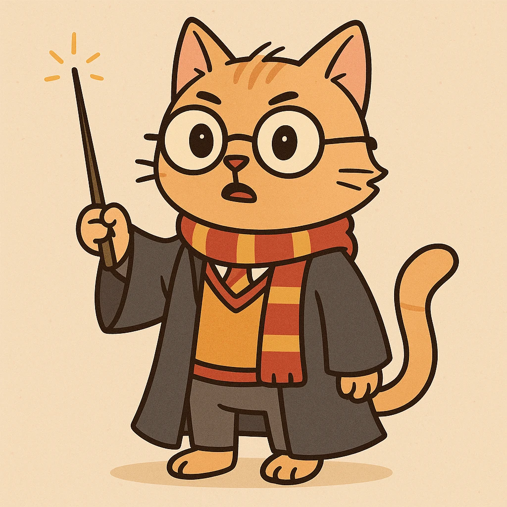 a cat as Harry Potter wearing wizard robes and holding a wand, cartoon style emoji