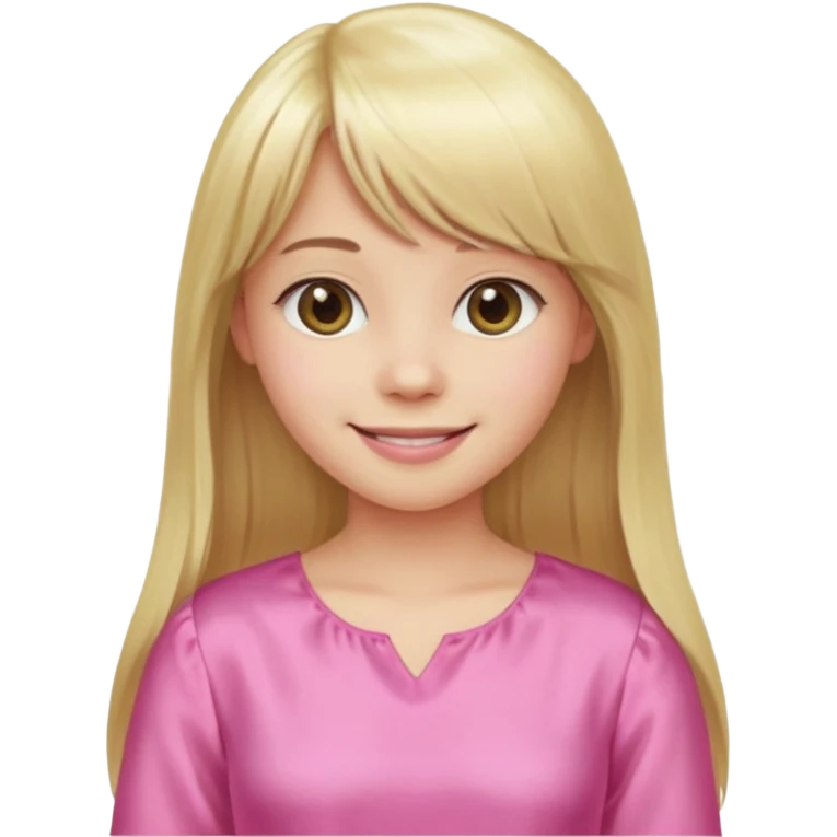 Menina branca de cabelo loiro longo de franja na testa sorrindo blusa rosa emoji