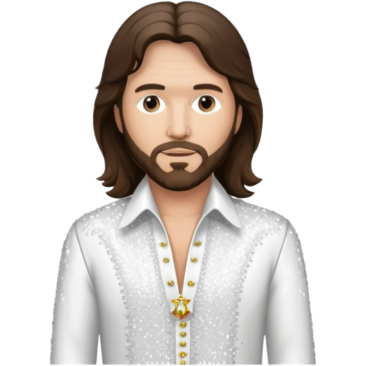 Barry Gibb from Bee Gees with long dark brown hair, white sequin outfit  emoji
