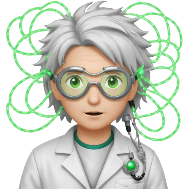 Appearance: Wild silver hair crackling with static electricity, goggles with flickering green lenses, lab coat with glowing circuit patterns.
Vibe: A time-bending genius obsessed with harnessing electricity and temporal flux. emoji