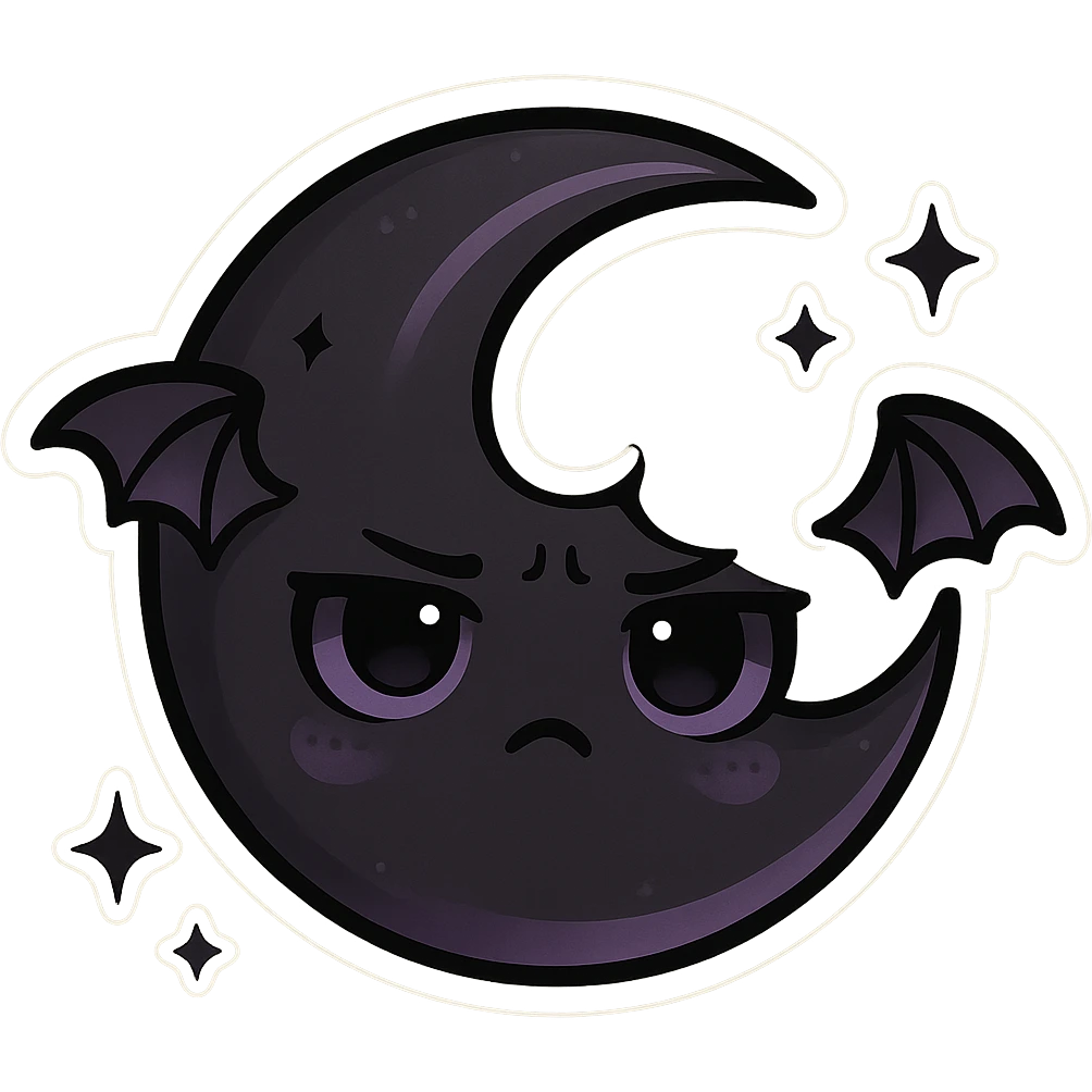 gothic black and purple moon, cute and mysterious, chibi style sticker emoji