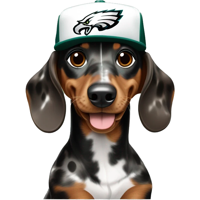 Miniature Tri Merle Medium Brown Spotted Dachshund wearing Philadelphia Eagles Hat with C on Jersey emoji