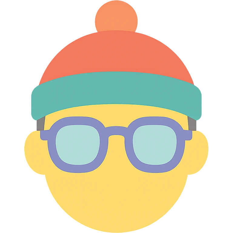a face wearing a colorful hat and retro glasses, minimal and flat colors, icon style emoji