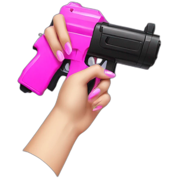hand with pink nails holding large scary black water gun emoji