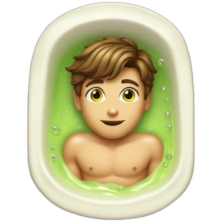 Posh-muscle-boy-brown-hair-green-eyes-pearl-necklace-in-golden-bathtub emoji