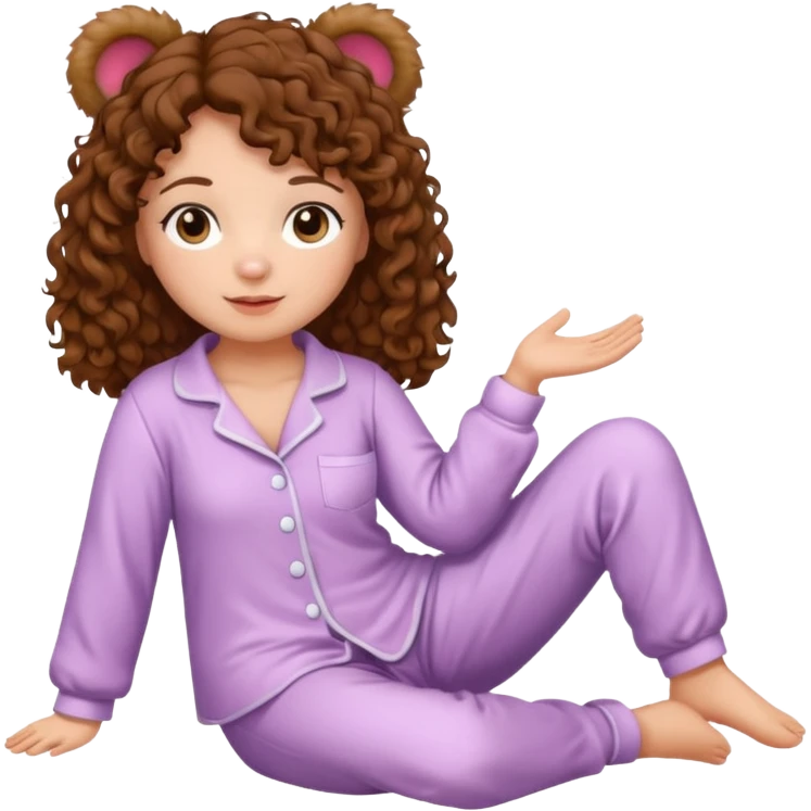 Woman with brown eyes, brown curly hair, white skin, full body in cute pijama bear emoji
