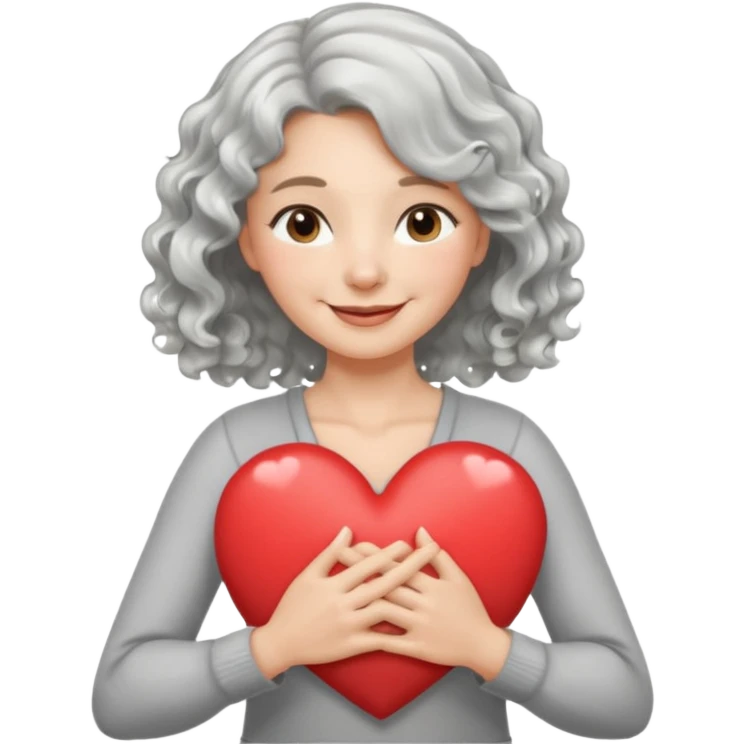 Silver hair, wavy/curly hair chin-length lady giving hug with 2 arms,  v-neck and smiling, add a heart emoji