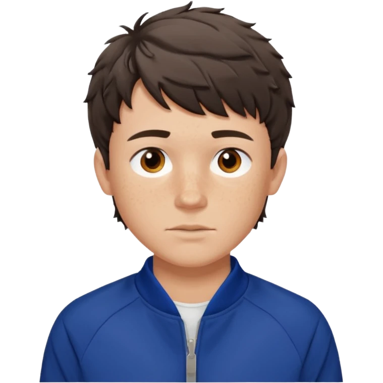 Owen Cooper in dark brown short and choppy fringe short wavy hair with brown eyes, freckles on his cheeks, wearing deep blue sports jacket without logos and white shirt emoji