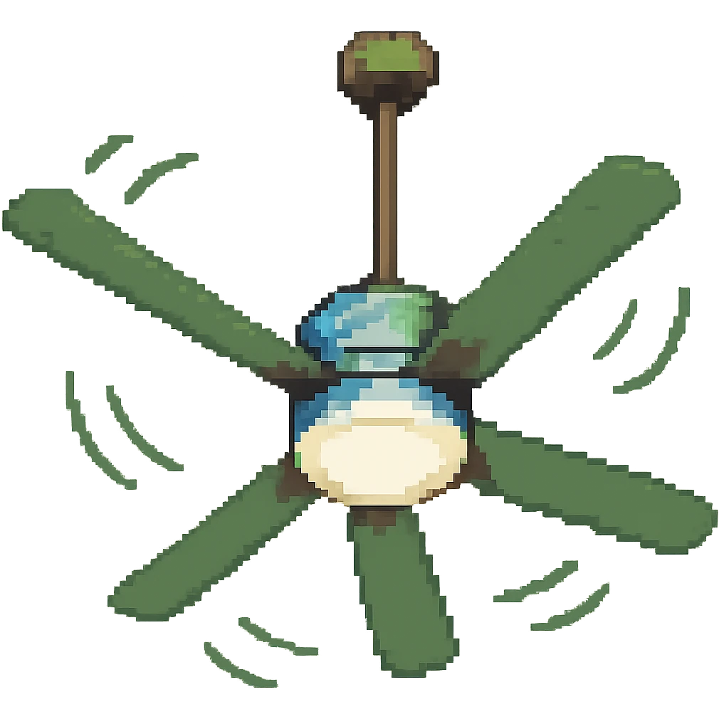 Add motion lines to the ceiling fan to indicate it is spinning, keep the pixel art style with no background. Use the general editor style but respect the pixel art look. emoji