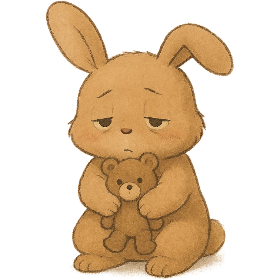 caramel bunny holding teddy bear, eyes drooping, soft Ghibli style emoji