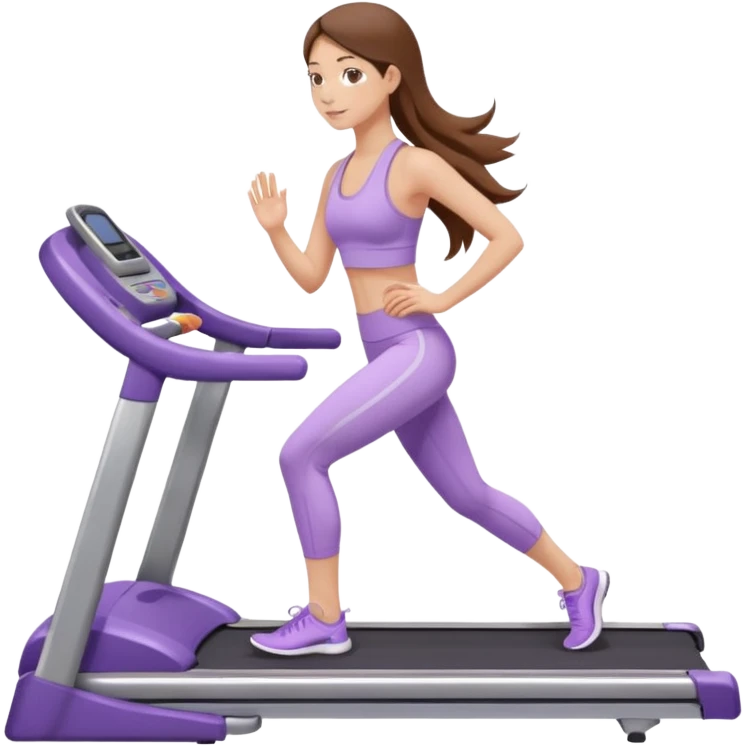 girl with long brown hair on treadmill wearing light purple yoga set emoji