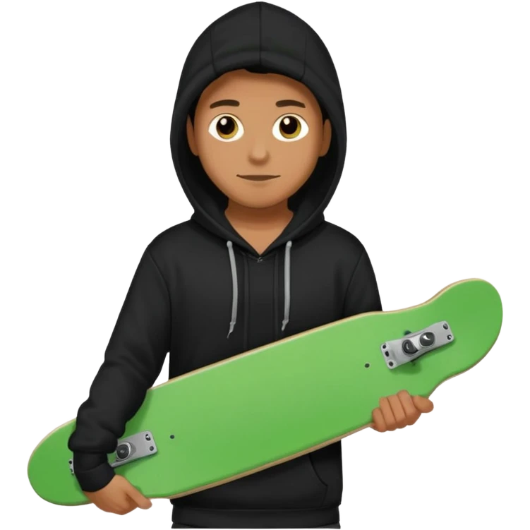 Un hombre sorteando con camisa negra encapuchado y tabla verde  emoji