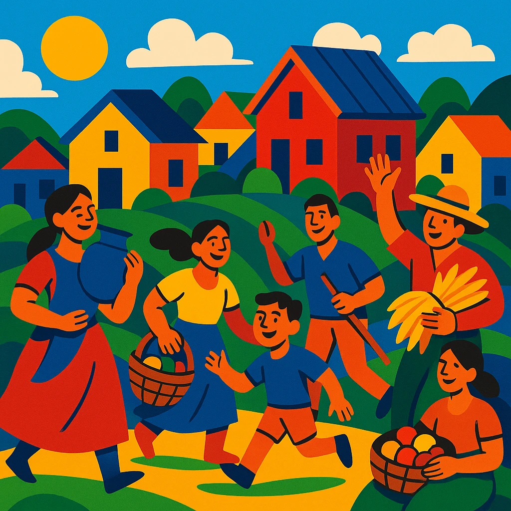 vibrant toon style village life with energetic colors, lively villagers, and stylized houses emoji