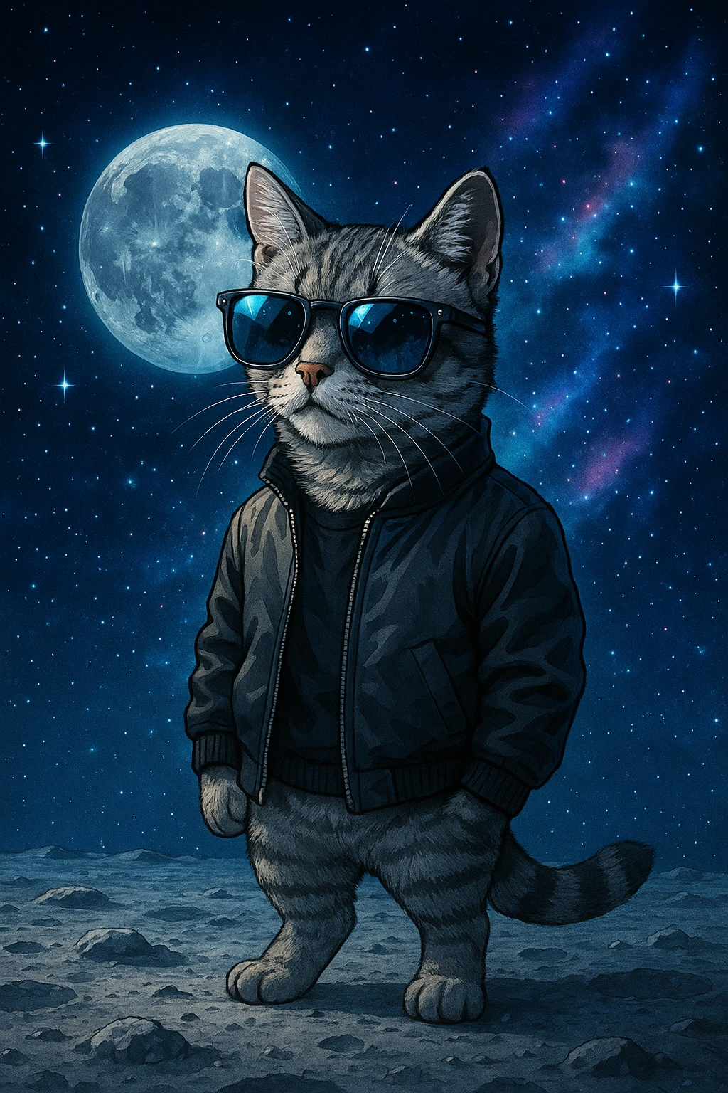 cool cat wearing sunglasses, standing on the moon, futuristic vibe, space background emoji
