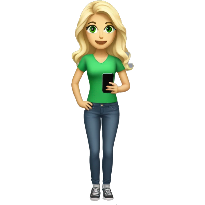 blonde woman, fair skin, green eyes, cell phone in hand, full body emoji