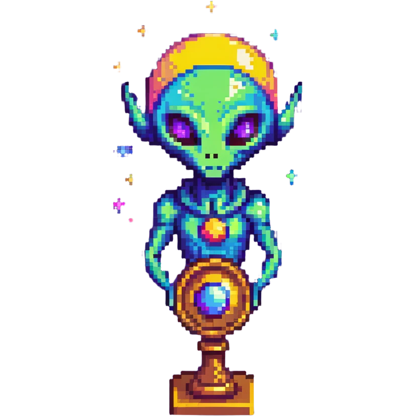An alien trophy with cosmic colors of the universe, deep space blues and purples emoji