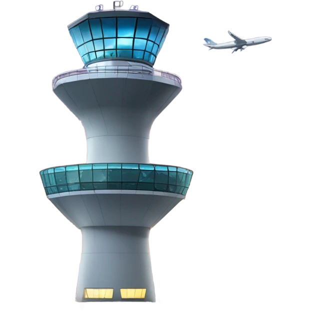 An air traffic control tower stands tall, its sleek, high-tech design featuring glass panels that reflec. Surrounding the base, a bustling airport runway is visible with airplanes taxiing, their navigation lights illuminating the tarmac. emoji