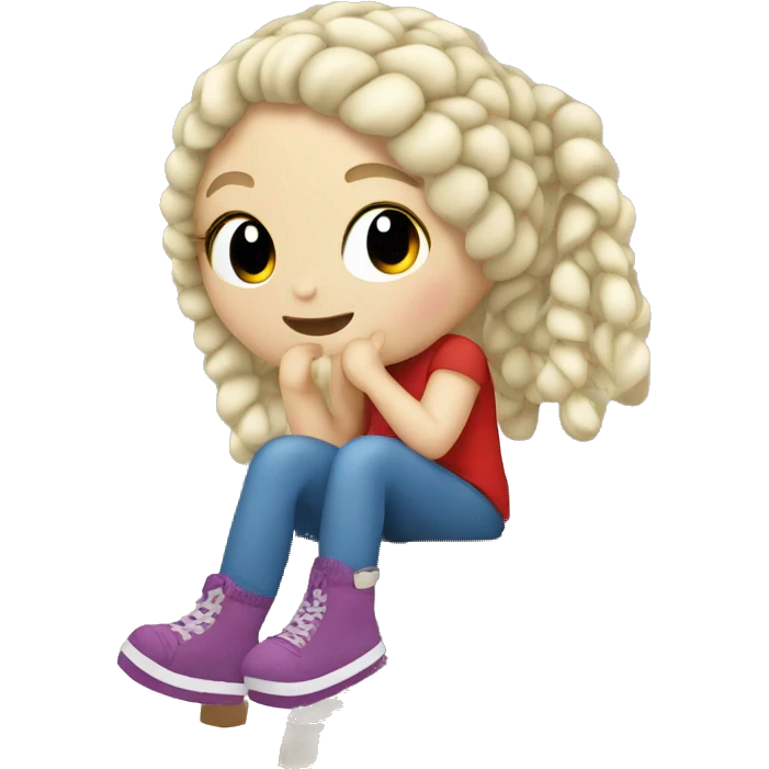white blond Girl sitting doing crochet emoji