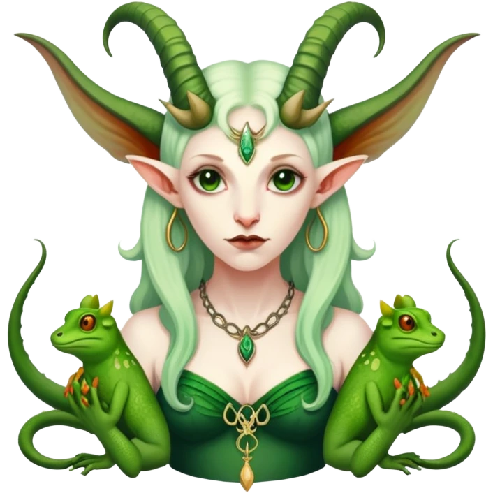A green spent feminine Baphomet  with frogs and geckos emoji