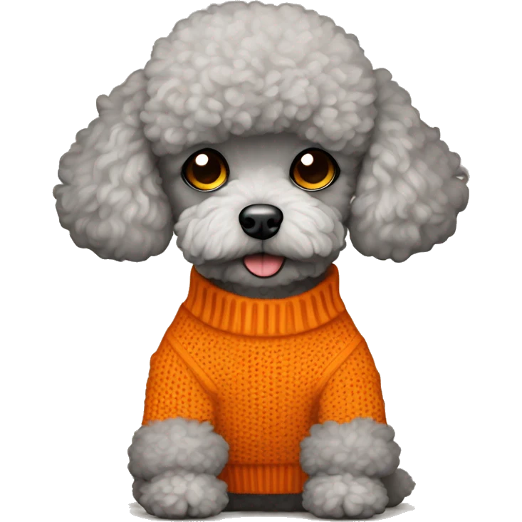 Tired silver beige toy poodle with an orange sweater emoji