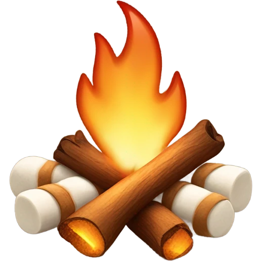 Illustrate a whimsical emoji of a cozy campfire with a happy face in the flames, surrounded by tiny roasting marshmallows on sticks emoji