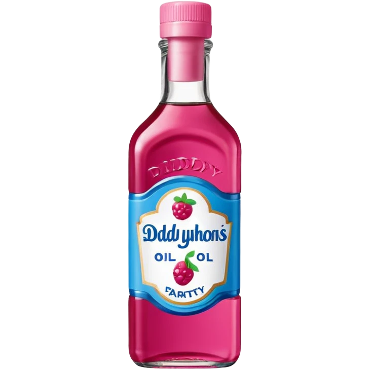 bottle of oil blue top pink outside with logo that says Diddy Party oil Johnson and Johnson  brand with a smiling berry on top emoji