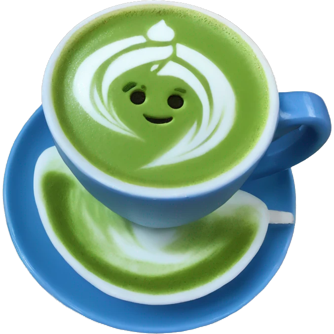Blue matcha latte with a pretty latte art emoji