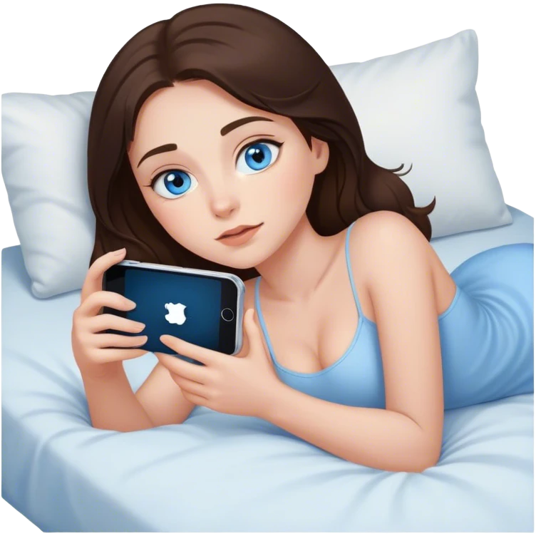 Brunett white girl with blue eyes, laying on stomach  In bed at night , using her iPhone emoji