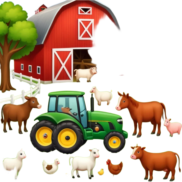 farm scene with barn, tractor, and animals emoji