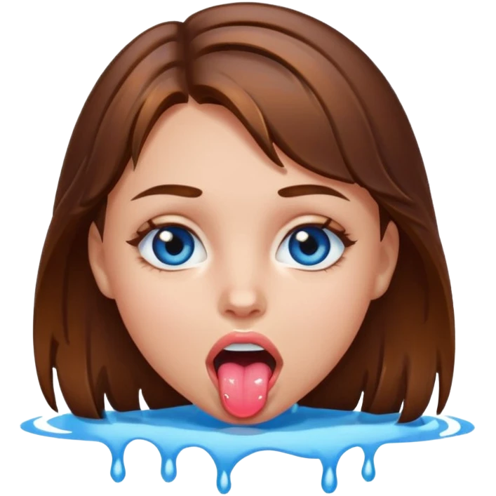 Girl with brown hair, blue eyes, a wet face and her tongue out emoji