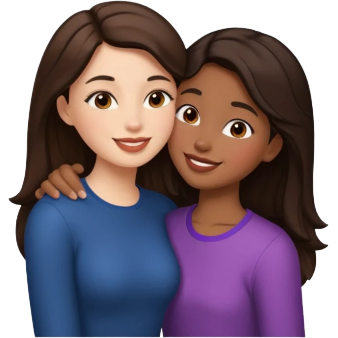 A girl kisses her friend The girls' hair color is dark brown.  emoji