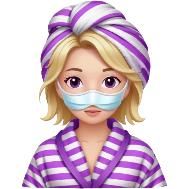 a white girl with a face mask on, her hair in a purple towel and she is in a white bathrobe with pink stripes emoji