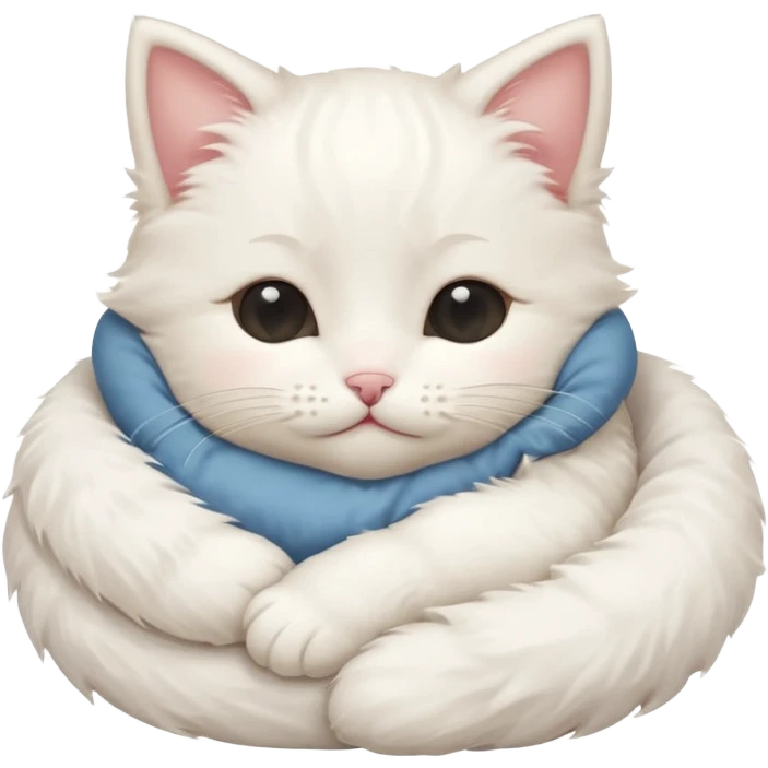 cute white fluffy kitten, blushing, hugging a pillow, eyes closed like > < emoji