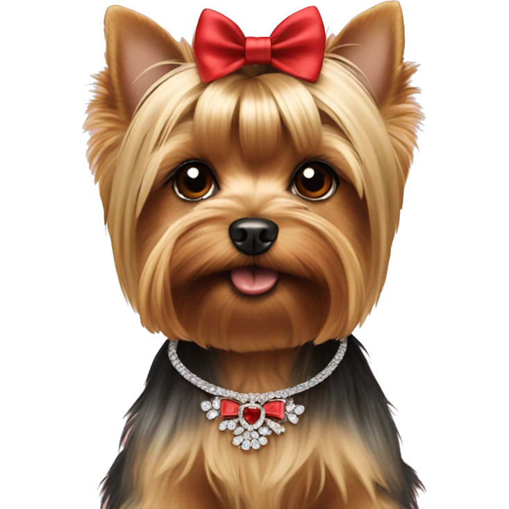 Yorkie face with red bow on hair on top of head and a necklace that says Prada emoji
