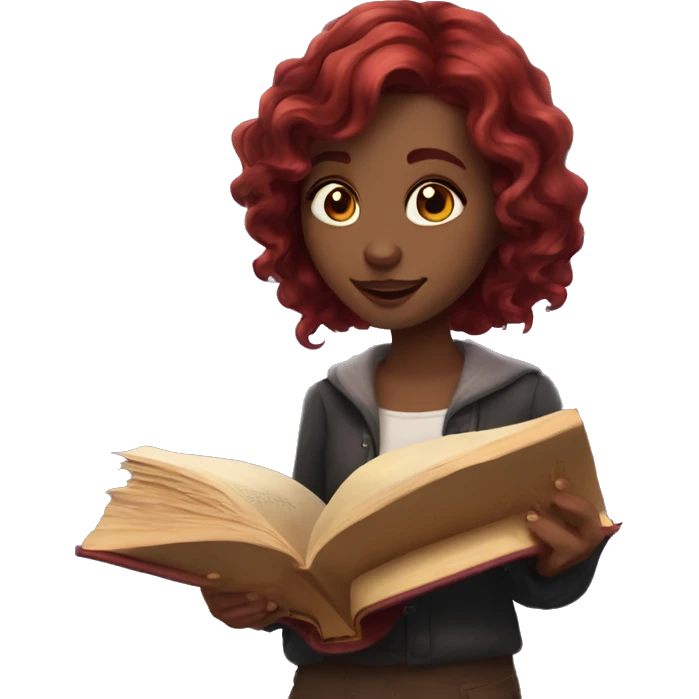 Girl with dark red wavy hair with reading a fantasy book  emoji