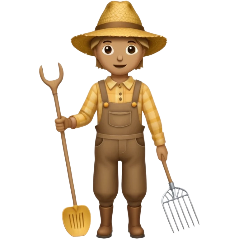 Scarecrow, straw hat, and a rake tucked in one arm, body on stick emoji