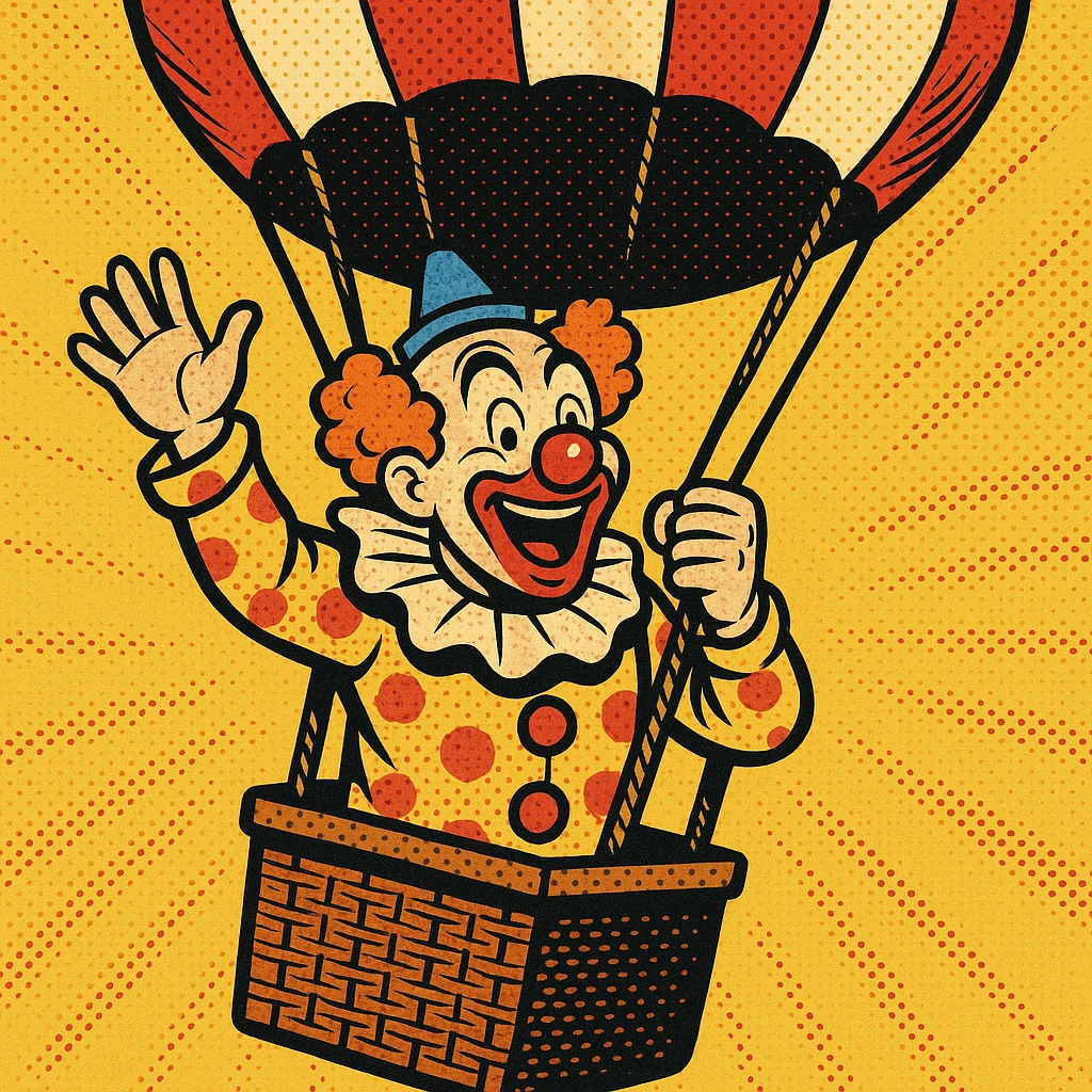 a clown in a hot air balloon, old school comic book style, bold lines, halftone dots, vintage colors emoji