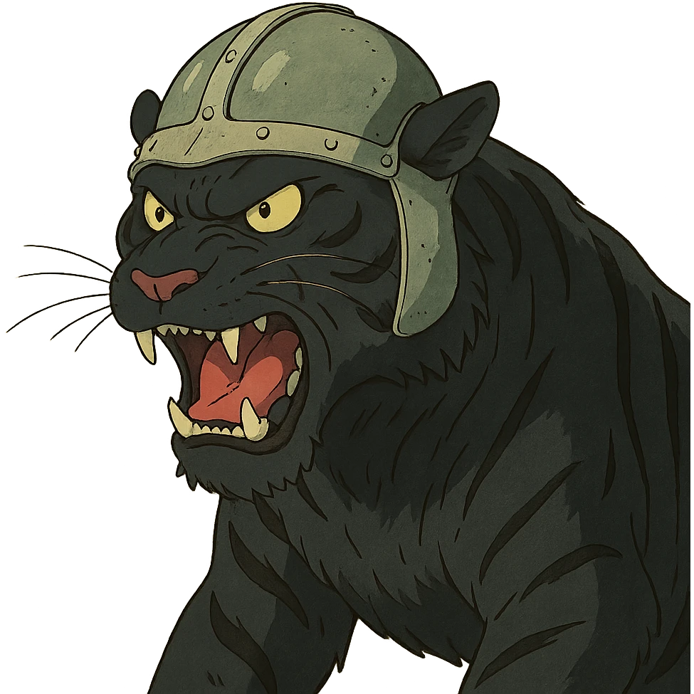 ghibli style illustration of a big black tiger, angry, wearing a helmet emoji