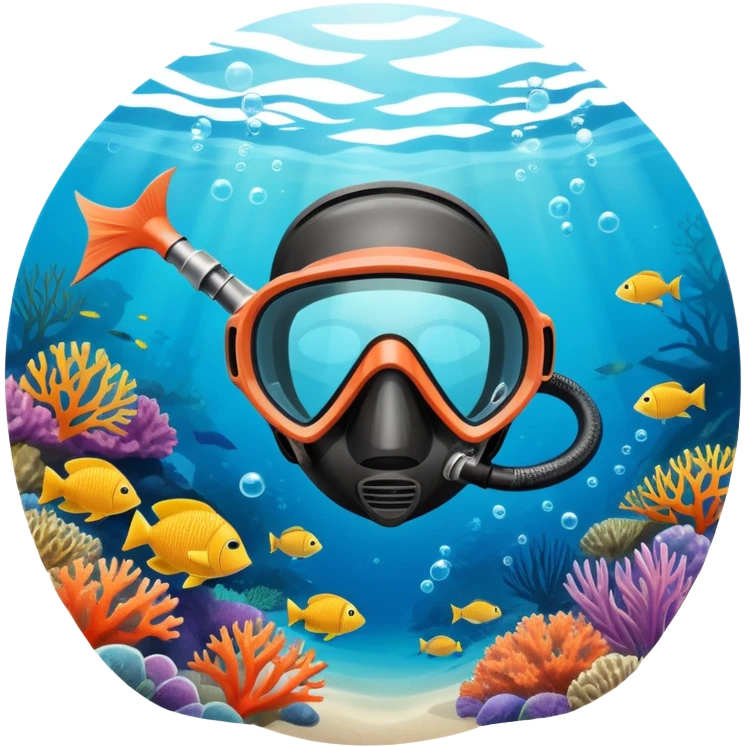 An icon featuring a close-up of a freediving mask and snorkel, with a breath-holding diver's fins, set against a vibrant underwater world. The design includes coral reefs, fish, and bubbles, symbolizing the serene beauty and thrill of freediving. Transparent background highlights the calm emoji