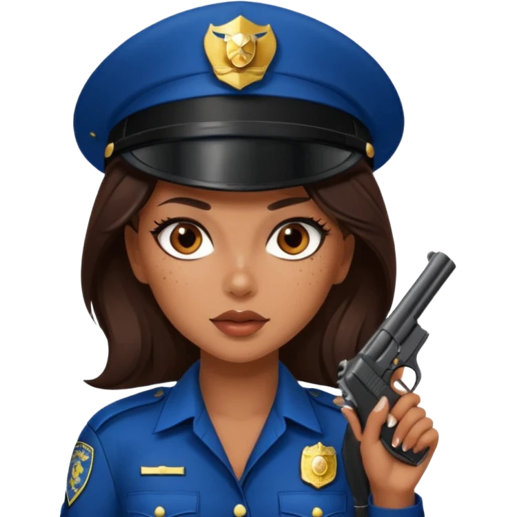 A sexy girl. with caramel skin. Dark brown hair and brown eyes. She has freckles. Wearing sexy makeup. Dressed as a sexy cop. Wearing heels. Holding a gun emoji