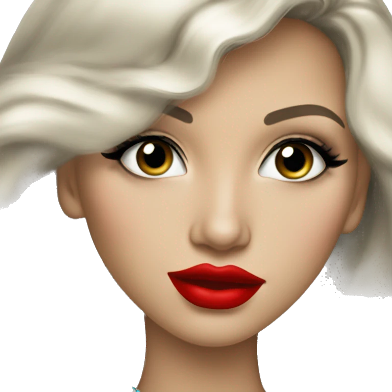Russian Blonde long hair with big red lips small nose and black eyes Tiffany diamond seller in a grey suit emoji
