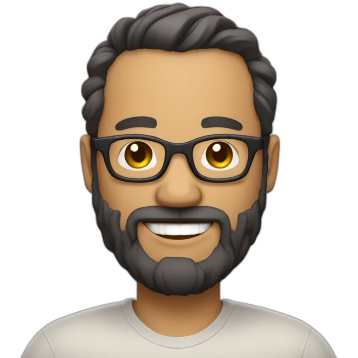 Mid age laughing chubby developer with light brown skin long beards and glasses and a very short black hair emoji