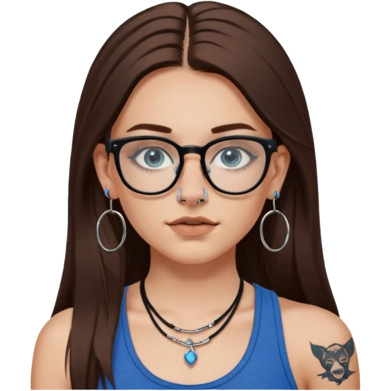 WHITE girl with long brown hair, part going more to the RIGHT side, BLUE eyes, wearing BLACK rectangle plastic frame glasses. SEPTUM nose piercing hoop (at bottom of nose) AND stud nose piercing on right side of nose. Wearing BLACK tank top. Arm tattoos. Hoop earrings emoji