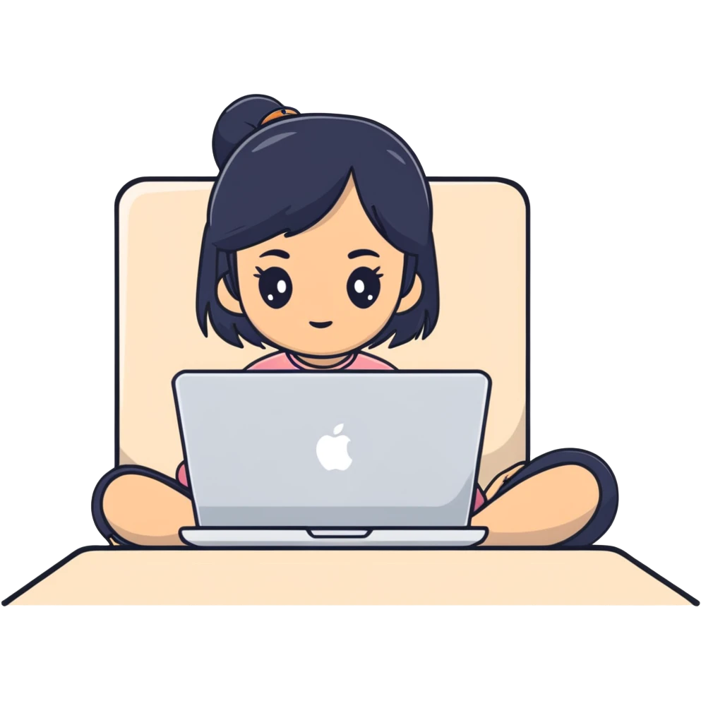 Asian girl with black hair sitting and watching a MacBook laptop emoji