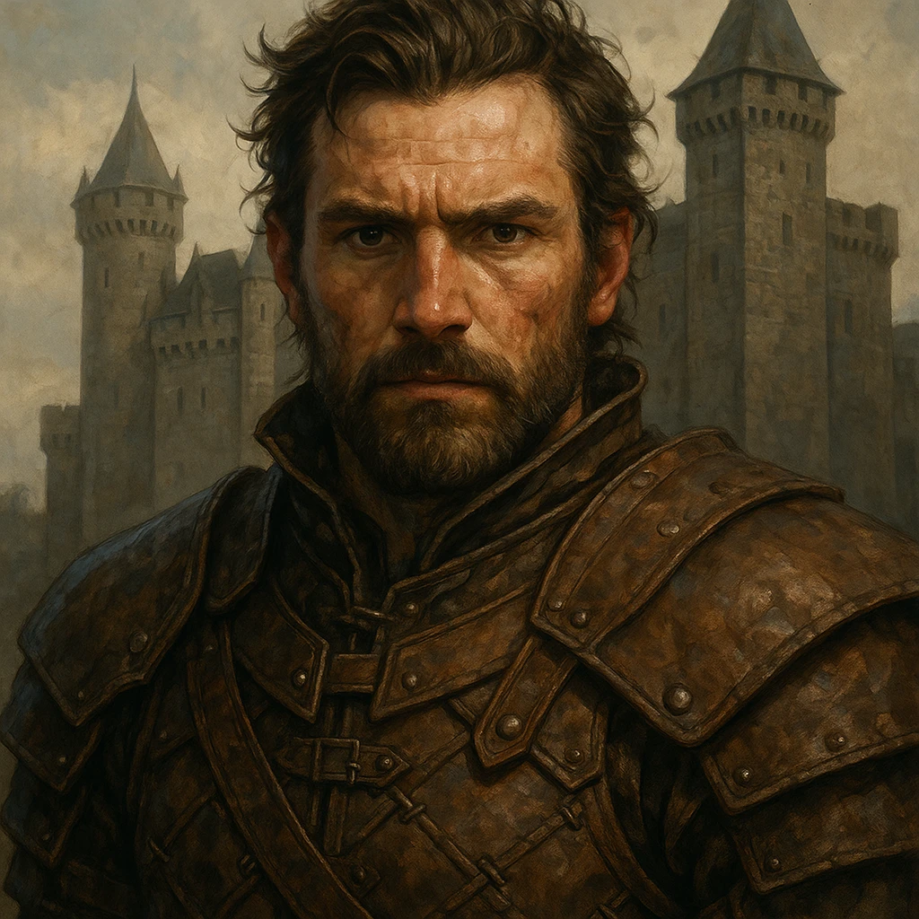medieval warrior in leather armor, face close-up, direct look, castle in the background, Game of Thrones inspired, DnD style, ArtStation quality, detailed illustration emoji