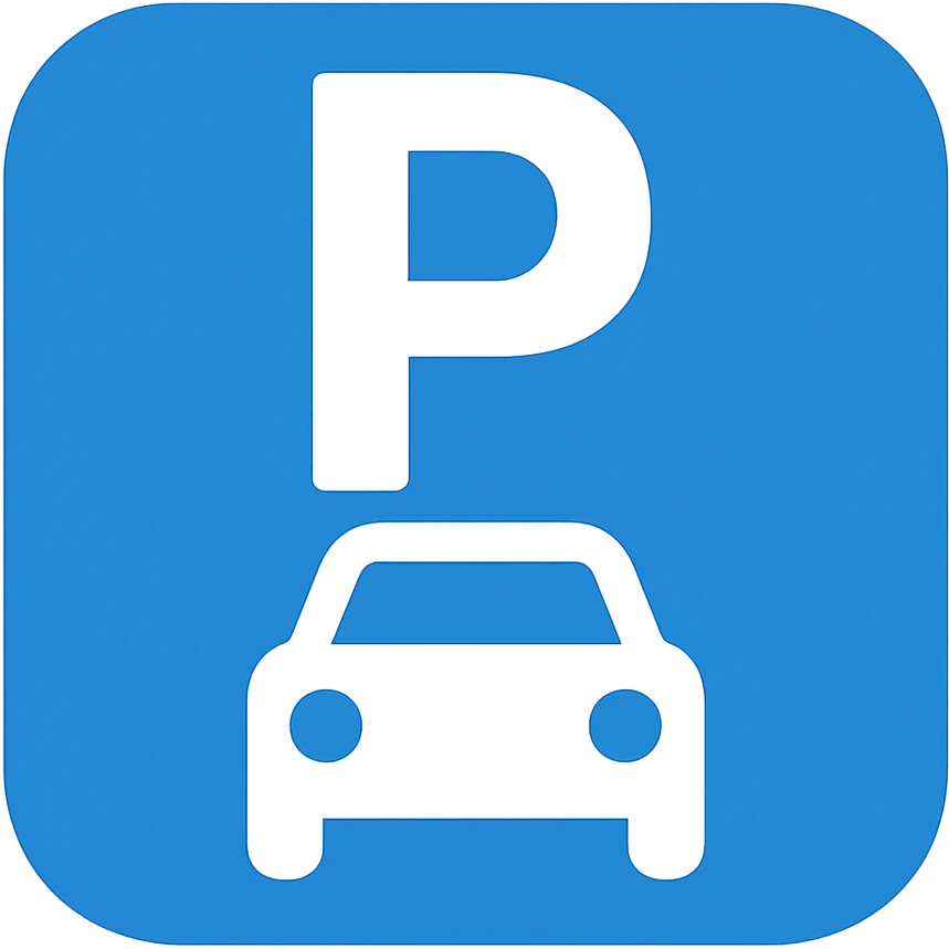 Add a car silhouette below the letter P, keep the simple, clean, blue and white universal icon style with no background. emoji